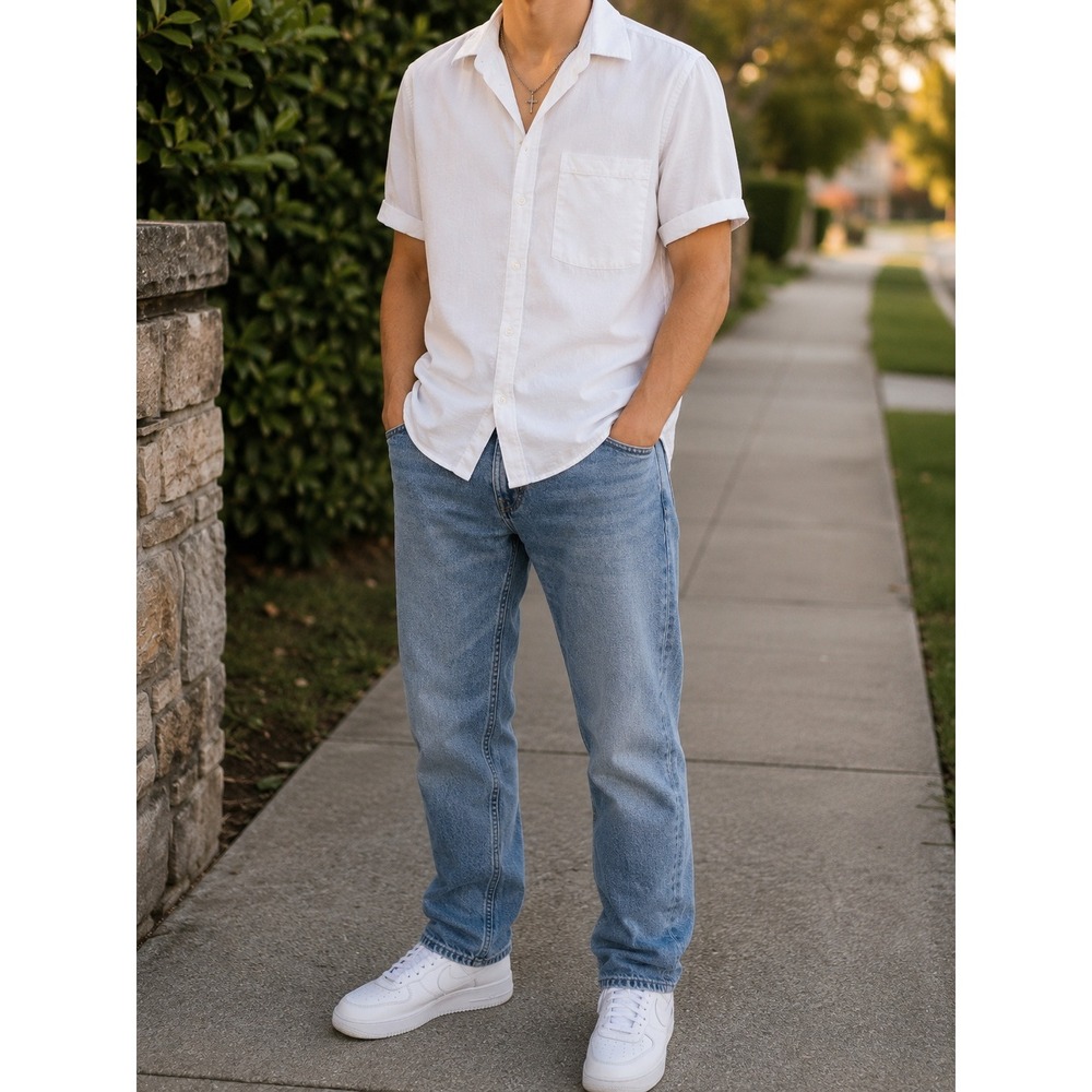 Bruno New York White Sueded Short Sleeve Button Down Shirt  Large Plaid